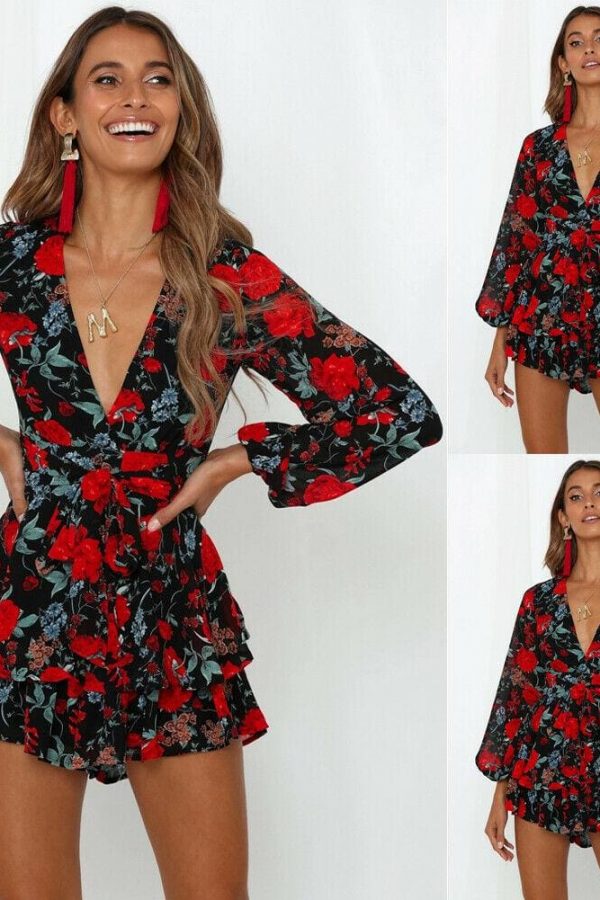 The Best Fashion Women Ladies Long Sleeve Boho Floral Playsuit Bodycon Holiday Party Summer Beach Jumpsuit&Romper Trousers New Online - Takalr