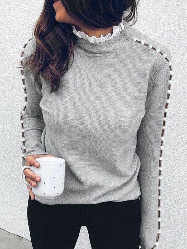 The Best Fashion Women Ladies Long Sleeve Lace Hollow T-shirt Turtleneck Pearl Top Autumn Winter Warm Casual Tee T-shirts Online - Takalr