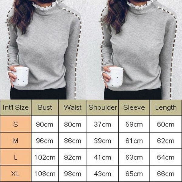 The Best Fashion Women Ladies Long Sleeve Lace Hollow T-shirt Turtleneck Pearl Top Autumn Winter Warm Casual Tee T-shirts Online - Takalr