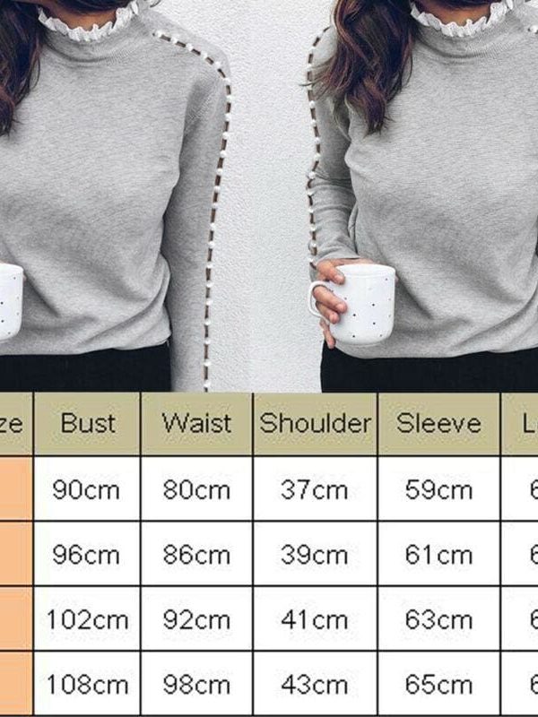 The Best Fashion Women Ladies Long Sleeve Lace Hollow T-shirt Turtleneck Pearl Top Autumn Winter Warm Casual Tee T-shirts Online - Takalr