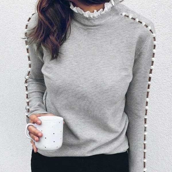 The Best Fashion Women Ladies Long Sleeve Lace Hollow T-shirt Turtleneck Pearl Top Autumn Winter Warm Casual Tee T-shirts Online - Takalr