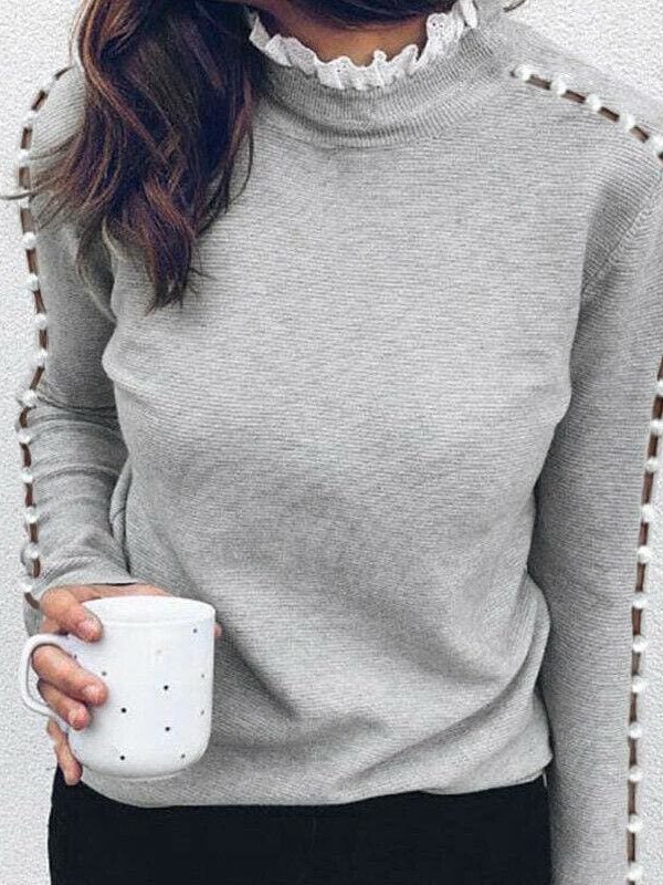 The Best Fashion Women Ladies Long Sleeve Lace Hollow T-shirt Turtleneck Pearl Top Autumn Winter Warm Casual Tee T-shirts Online - Takalr