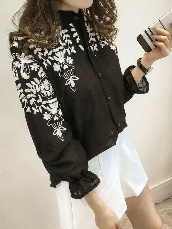 The Best Fashion Women Ladies Long Sleeve Printed Embroidery Casual Blouse Tops Holiday Summer Office Work Shirt Plus Size Online - Takalr