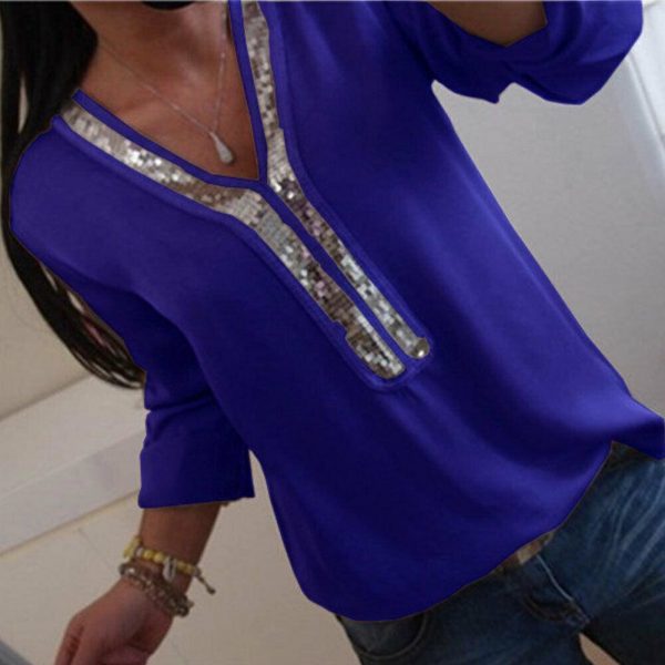 The Best Fashion Women Ladies Sequined Long Sleeve Loose T shirt Summer V-Neck Casual Shirts Tops Clothing Streetwear Online - Takalr