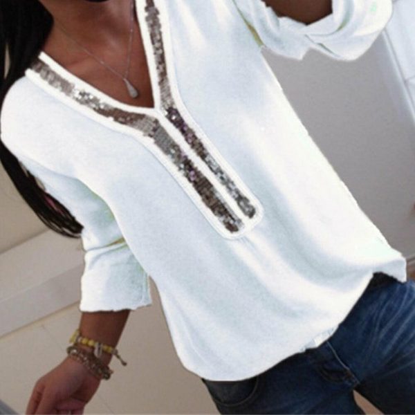 The Best Fashion Women Ladies Sequined Long Sleeve Loose T shirt Summer V-Neck Casual Shirts Tops Clothing Streetwear Online - Takalr