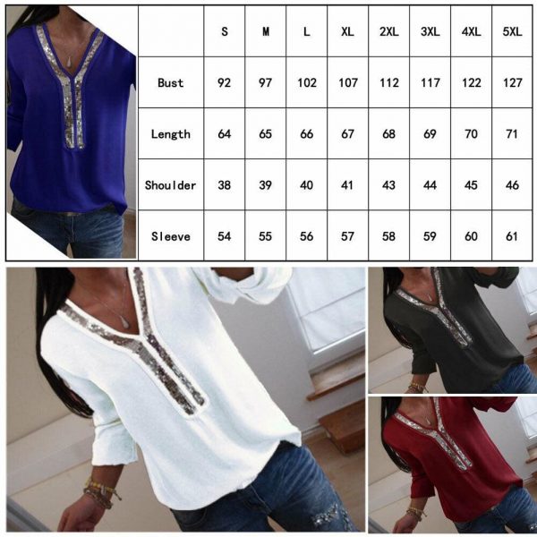 The Best Fashion Women Ladies Sequined Long Sleeve Loose T shirt Summer V-Neck Casual Shirts Tops Clothing Streetwear Online - Takalr