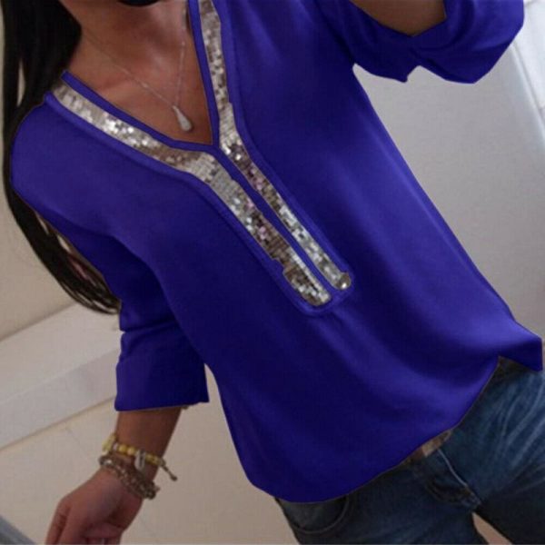 The Best Fashion Women Ladies Sequined Long Sleeve Loose T shirt Summer V-Neck Casual Shirts Tops Clothing Streetwear Online - Takalr