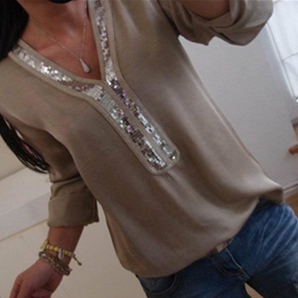 The Best Fashion Women Ladies Sequined Long Sleeve Loose T shirt Summer V-Neck Casual Shirts Tops Clothing Streetwear Online - Takalr