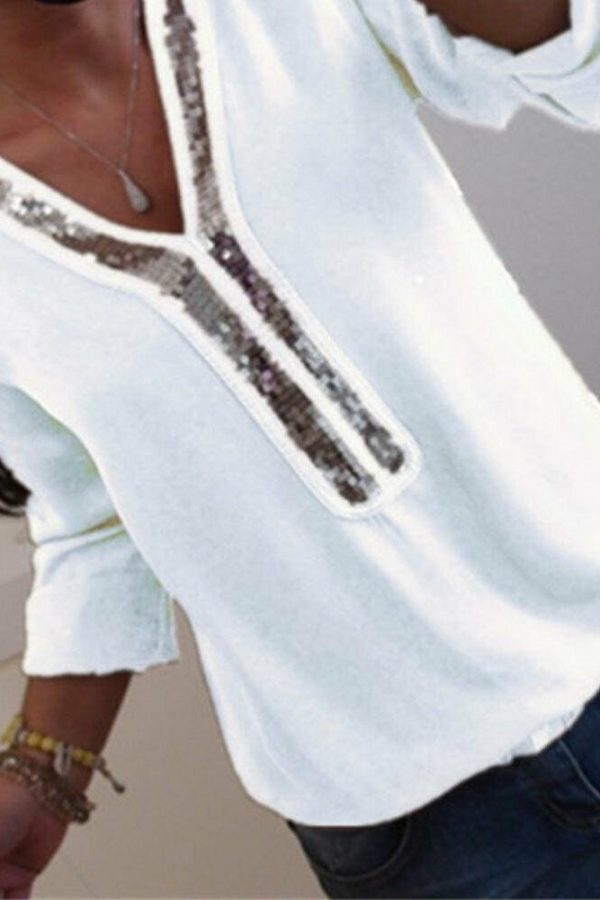 The Best Fashion Women Ladies Sequined Long Sleeve Loose T shirt Summer V-Neck Casual Shirts Tops Clothing Streetwear Online - Takalr