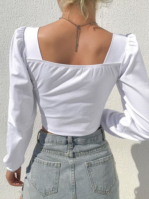 The Best Fashion Women Ladies Sexy V Neck Plain Crop Tops T-shirt Long Sleeve Casual Autumn T Shirts Tees Streetwear Online - Takalr