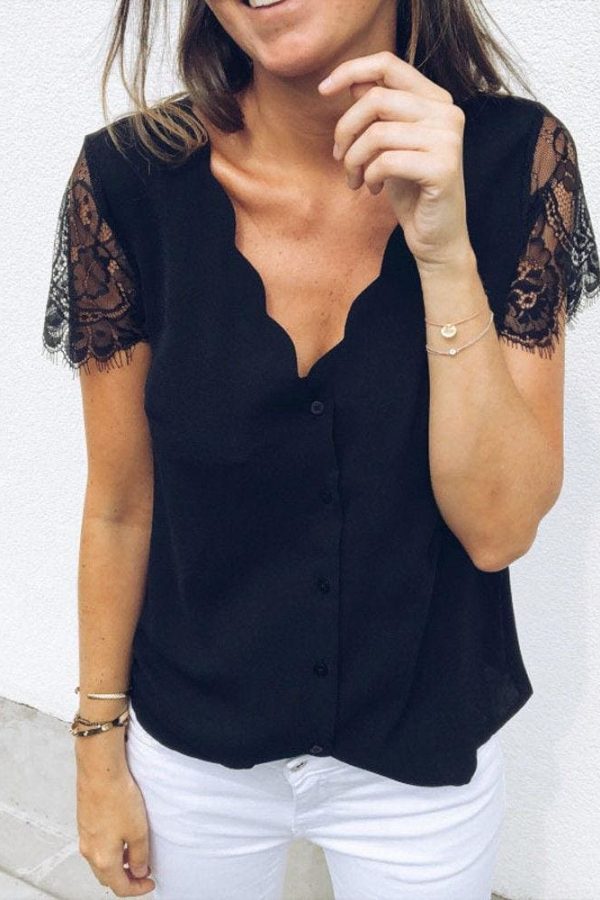 The Best Fashion Women Ladies Short Lace Sleeve V-Neck Chiffon Shirts Summer Beach Solid Casual Party Tops Blouse Hot Online - Takalr