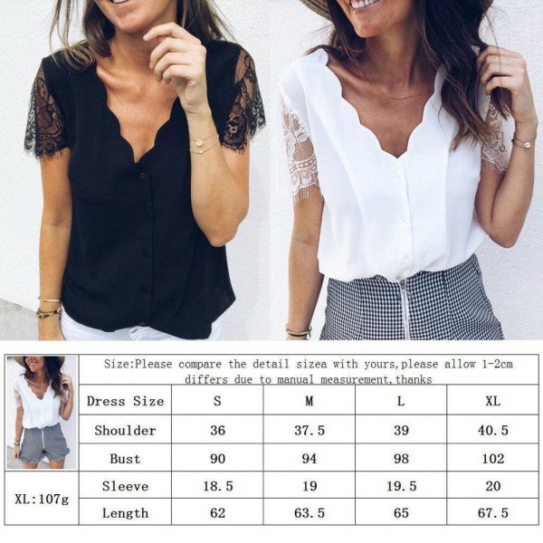 The Best Fashion Women Ladies Short Lace Sleeve V-Neck Chiffon Shirts Summer Beach Solid Casual Party Tops Blouse Hot Online - Takalr