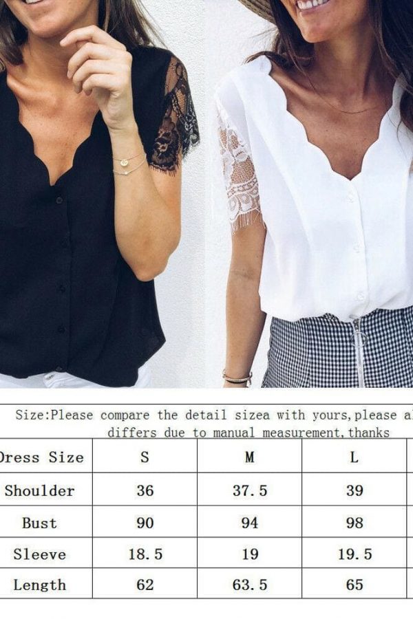 The Best Fashion Women Ladies Short Lace Sleeve V-Neck Chiffon Shirts Summer Beach Solid Casual Party Tops Blouse Hot Online - Takalr