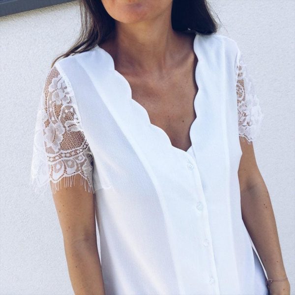 The Best Fashion Women Ladies Short Lace Sleeve V-Neck Chiffon Shirts Summer Beach Solid Casual Party Tops Blouse Hot Online - Takalr