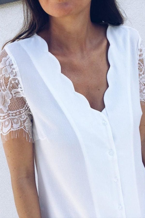 The Best Fashion Women Ladies Short Lace Sleeve V-Neck Chiffon Shirts Summer Beach Solid Casual Party Tops Blouse Hot Online - Takalr