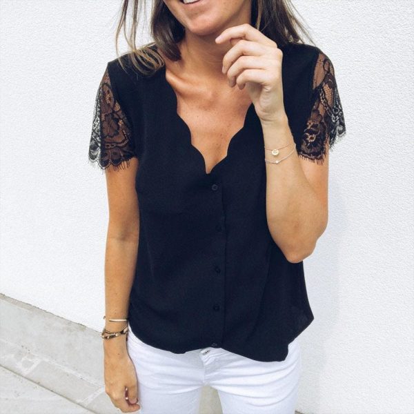 The Best Fashion Women Ladies Short Lace Sleeve V-Neck Chiffon Shirts Summer Beach Solid Casual Party Tops Blouse Hot Online - Takalr