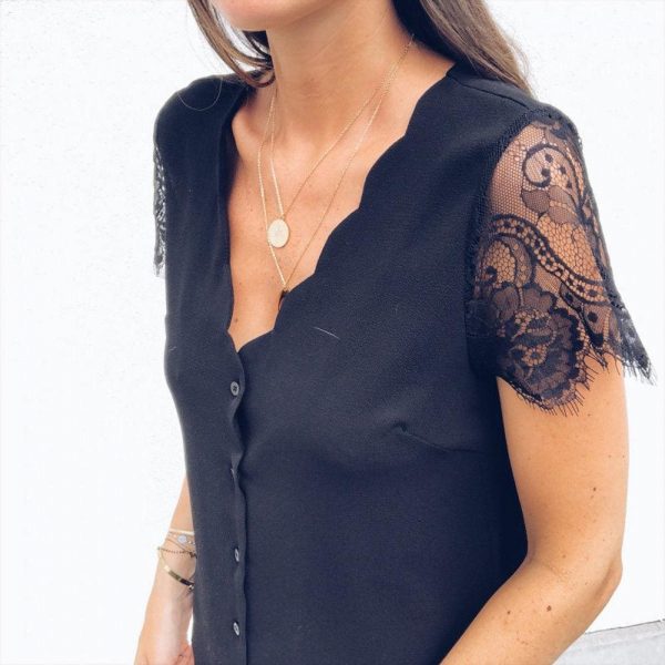 The Best Fashion Women Ladies Short Lace Sleeve V-Neck Chiffon Shirts Summer Beach Solid Casual Party Tops Blouse Hot Online - Takalr