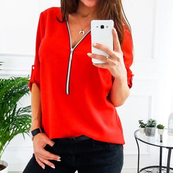 The Best Fashion Women Ladies Summer Chiffon Top V Collar Zipper Roll Up Long Sleeves Loose Solid Casual Shirts Hot Online - Takalr