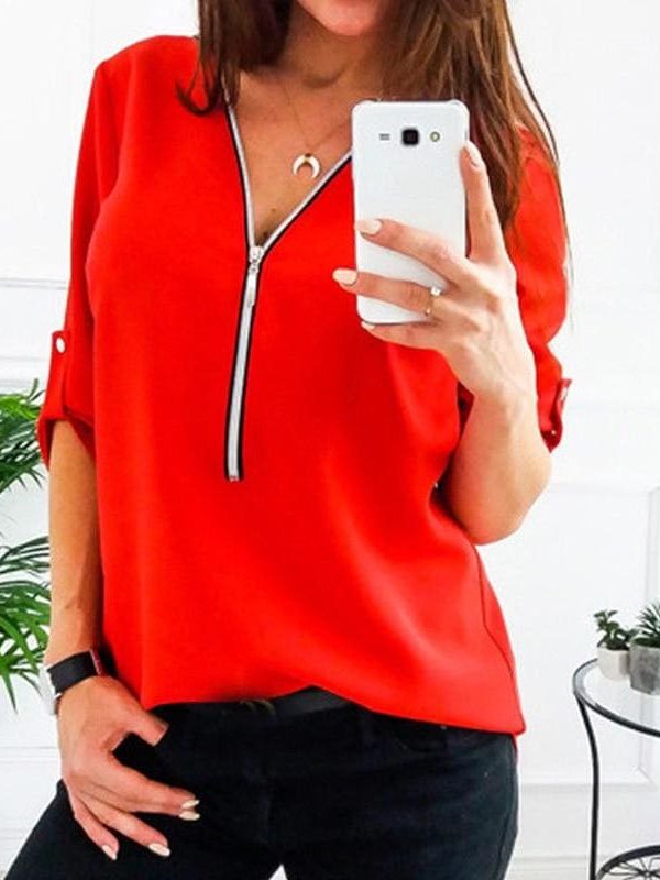 The Best Fashion Women Ladies Summer Chiffon Top V Collar Zipper Roll Up Long Sleeves Loose Solid Casual Shirts Hot Online - Takalr