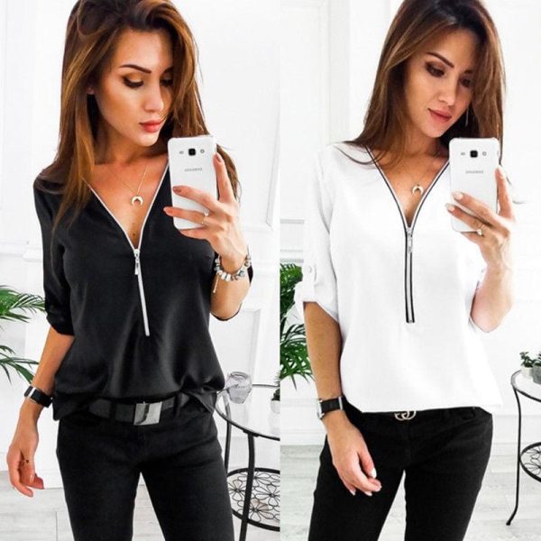 The Best Fashion Women Ladies Summer Chiffon Top V Collar Zipper Roll Up Long Sleeves Loose Solid Casual Shirts Hot Online - Takalr