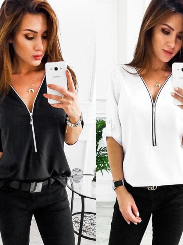 The Best Fashion Women Ladies Summer Chiffon Top V Collar Zipper Roll Up Long Sleeves Loose Solid Casual Shirts Hot Online - Takalr