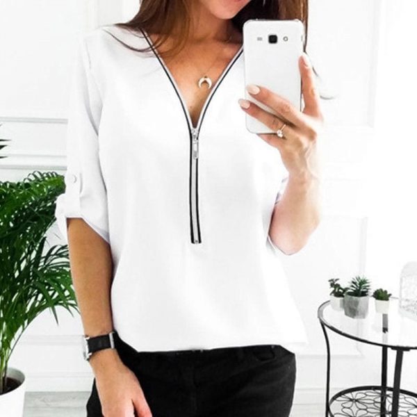 The Best Fashion Women Ladies Summer Chiffon Top V Collar Zipper Roll Up Long Sleeves Loose Solid Casual Shirts Hot Online - Takalr