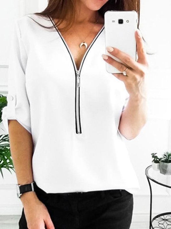 The Best Fashion Women Ladies Summer Chiffon Top V Collar Zipper Roll Up Long Sleeves Loose Solid Casual Shirts Hot Online - Takalr