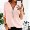 The Best Fashion Women Ladies Summer Chiffon Top V Collar Zipper Roll Up Long Sleeves Loose Solid Casual Shirts Hot Online - Takalr