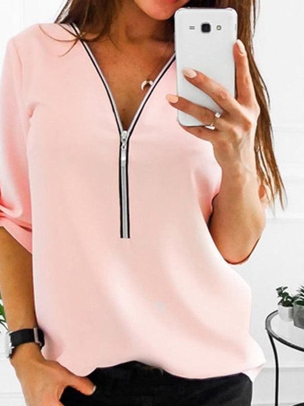 The Best Fashion Women Ladies Summer Chiffon Top V Collar Zipper Roll Up Long Sleeves Loose Solid Casual Shirts Hot Online - Takalr