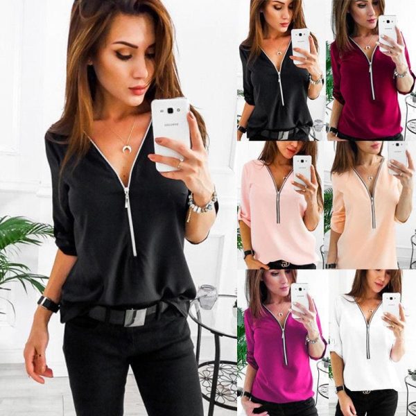 The Best Fashion Women Ladies Summer Chiffon Top V Collar Zipper Roll Up Long Sleeves Loose Solid Casual Shirts Hot Online - Takalr