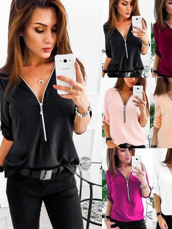 The Best Fashion Women Ladies Summer Chiffon Top V Collar Zipper Roll Up Long Sleeves Loose Solid Casual Shirts Hot Online - Takalr