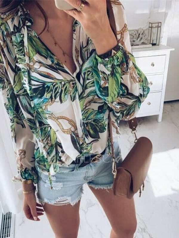 The Best Fashion Women Ladies Summer Long Sleeve Shirt V Neck Loose Casual Blouse Tops Shirt Women Holiday Clothes Online - Takalr