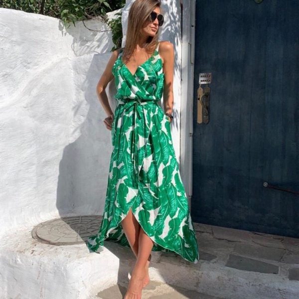 The Best Fashion Women Leaf print casual beach Bohemian Mid dress Ladies V neck Sleeveless Summer Boho dress vestidos Online - Takalr