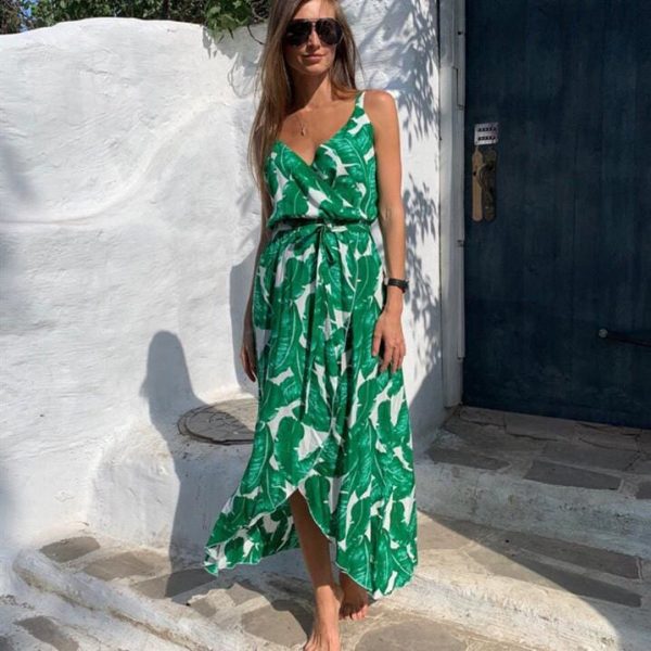 The Best Fashion Women Leaf print casual beach Bohemian Mid dress Ladies V neck Sleeveless Summer Boho dress vestidos Online - Takalr