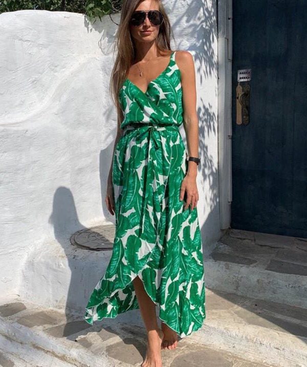 The Best Fashion Women Leaf print casual beach Bohemian Mid dress Ladies V neck Sleeveless Summer Boho dress vestidos Online - Takalr