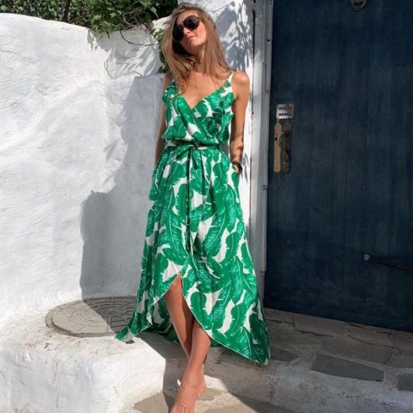 The Best Fashion Women Leaf print casual beach Bohemian Mid dress Ladies V neck Sleeveless Summer Boho dress vestidos Online - Takalr