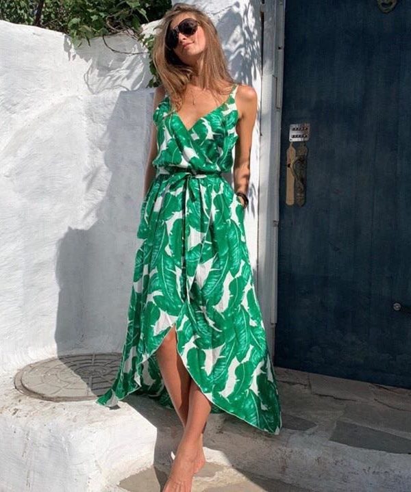 The Best Fashion Women Leaf print casual beach Bohemian Mid dress Ladies V neck Sleeveless Summer Boho dress vestidos Online - Takalr