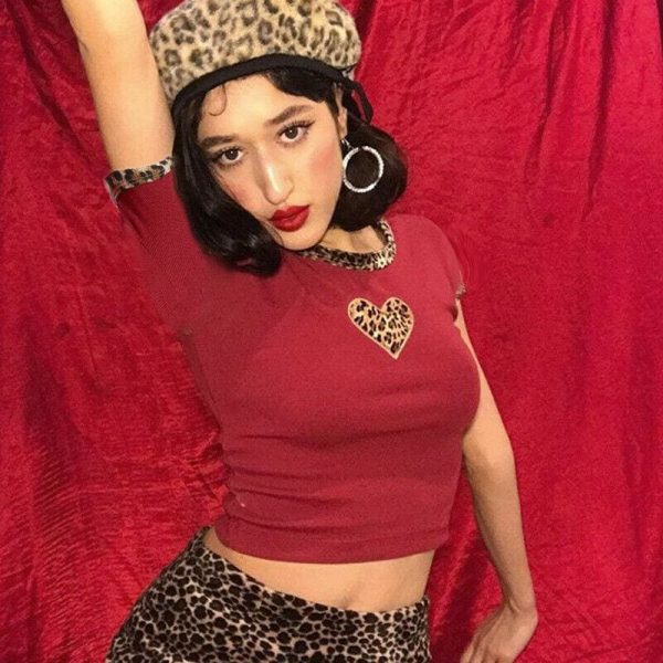 The Best Fashion Women Leopard Heart Print Slim Red Crop Top Ladies Casual Short Sleeve Summer Sexy Fitting Tops New T-shirts Online - Takalr