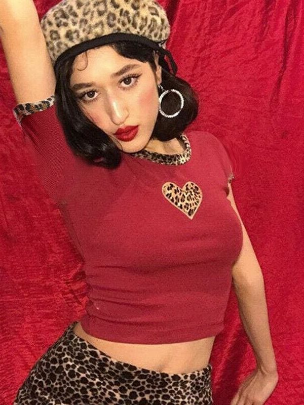 The Best Fashion Women Leopard Heart Print Slim Red Crop Top Ladies Casual Short Sleeve Summer Sexy Fitting Tops New T-shirts Online - Takalr