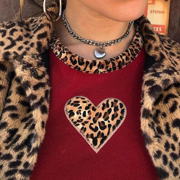 The Best Fashion Women Leopard Heart Print Slim Red Crop Top Ladies Casual Short Sleeve Summer Sexy Fitting Tops New T-shirts Online - Takalr