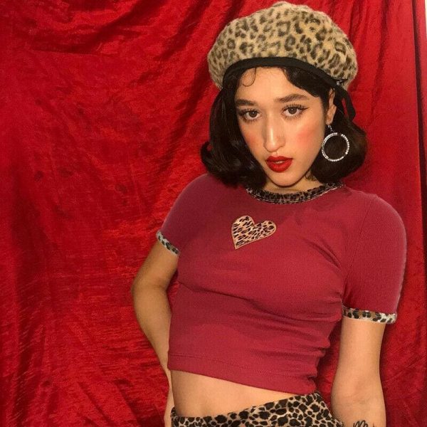 The Best Fashion Women Leopard Heart Print Slim Red Crop Top Ladies Casual Short Sleeve Summer Sexy Fitting Tops New T-shirts Online - Takalr