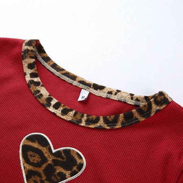 The Best Fashion Women Leopard Heart Print Slim Red Crop Top Ladies Casual Short Sleeve Summer Sexy Fitting Tops New T-shirts Online - Takalr