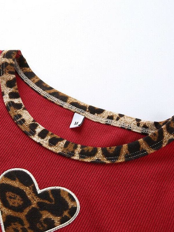 The Best Fashion Women Leopard Heart Print Slim Red Crop Top Ladies Casual Short Sleeve Summer Sexy Fitting Tops New T-shirts Online - Takalr