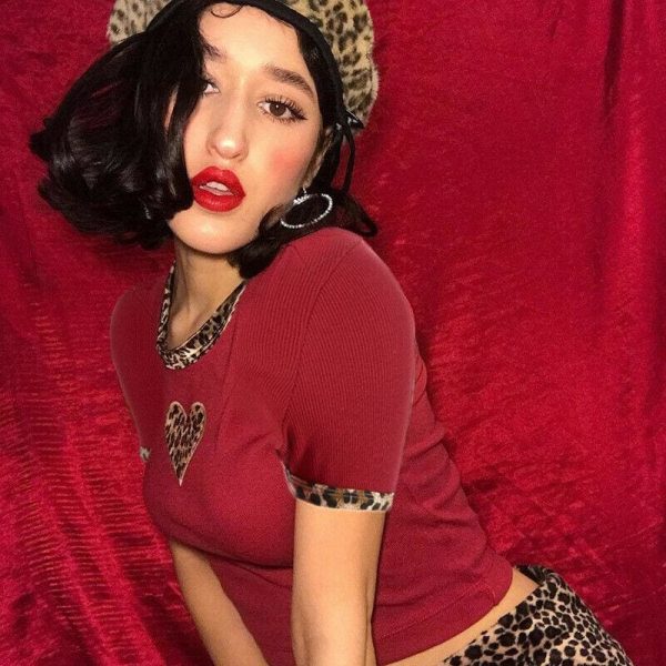 The Best Fashion Women Leopard Heart Print Slim Red Crop Top Ladies Casual Short Sleeve Summer Sexy Fitting Tops New T-shirts Online - Takalr