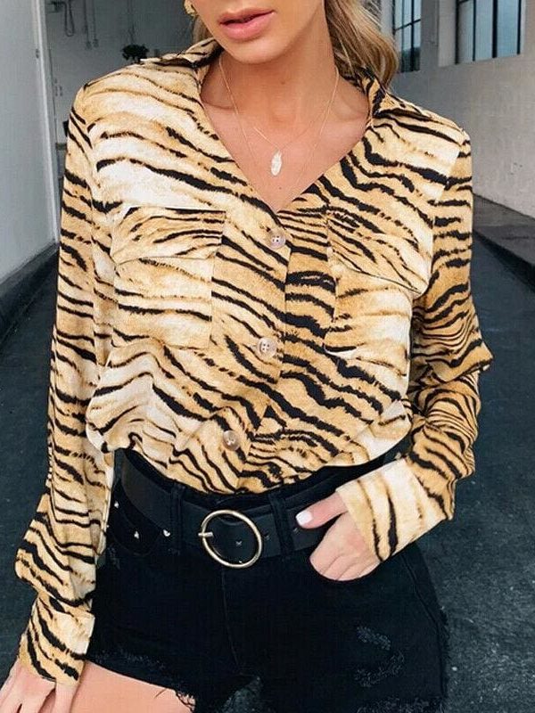 The Best Fashion Women Leopard Long Sleeve Casual Loose Tops Shirt Pocket Autumn New OL Ladies Button Shirts Tee Online - Takalr