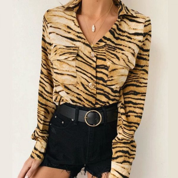 The Best Fashion Women Leopard Long Sleeve Casual Loose Tops Shirt Pocket Autumn New OL Ladies Button Shirts Tee Online - Takalr