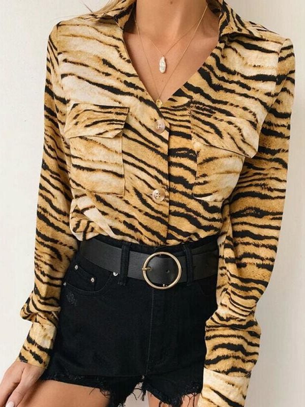 The Best Fashion Women Leopard Long Sleeve Casual Loose Tops Shirt Pocket Autumn New OL Ladies Button Shirts Tee Online - Takalr