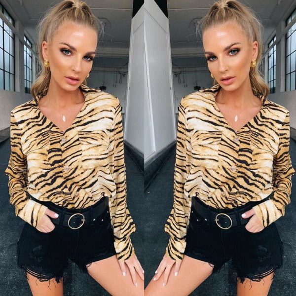 The Best Fashion Women Leopard Long Sleeve Casual Loose Tops Shirt Pocket Autumn New OL Ladies Button Shirts Tee Online - Takalr