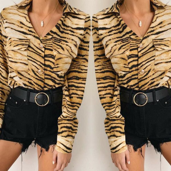 The Best Fashion Women Leopard Long Sleeve Casual Loose Tops Shirt Pocket Autumn New OL Ladies Button Shirts Tee Online - Takalr