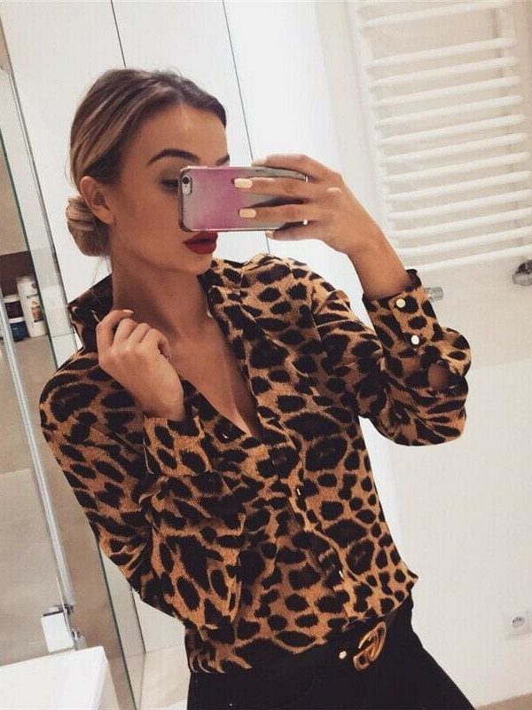 The Best Fashion Women Leopard Print Long Sleeve Tops Shirt Loose OL Ladies Shirts V-Neck Party Autumn Loose Irregular T-Shirt Online - Takalr